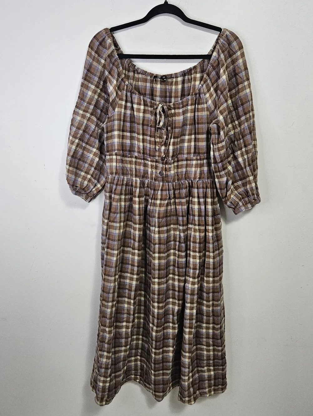 Madewell Gauze Sophia Midi Dress Sz S Brown Plaid Cottagecore - Picture 3 of 11